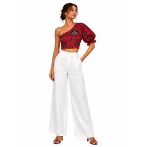 PO-EX Farm Rio Anthropologie Red Floral One Shoulder Crop Top Embroidered XXS